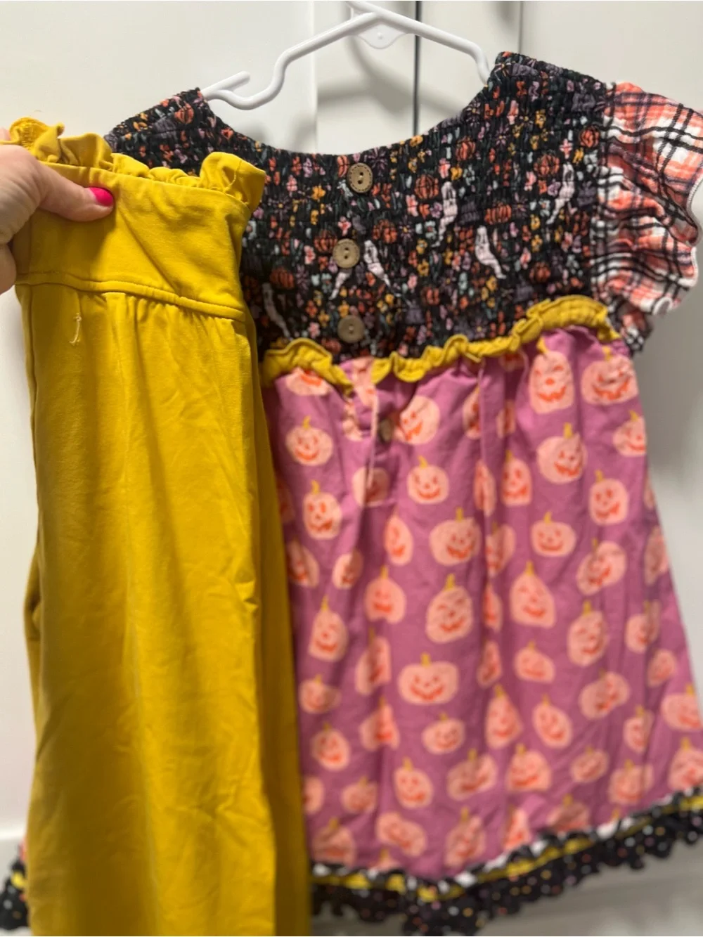 Matilda Jane Pink Jack-O-Jubilee Pumpkin Smocked Top with Yellow Legging 8